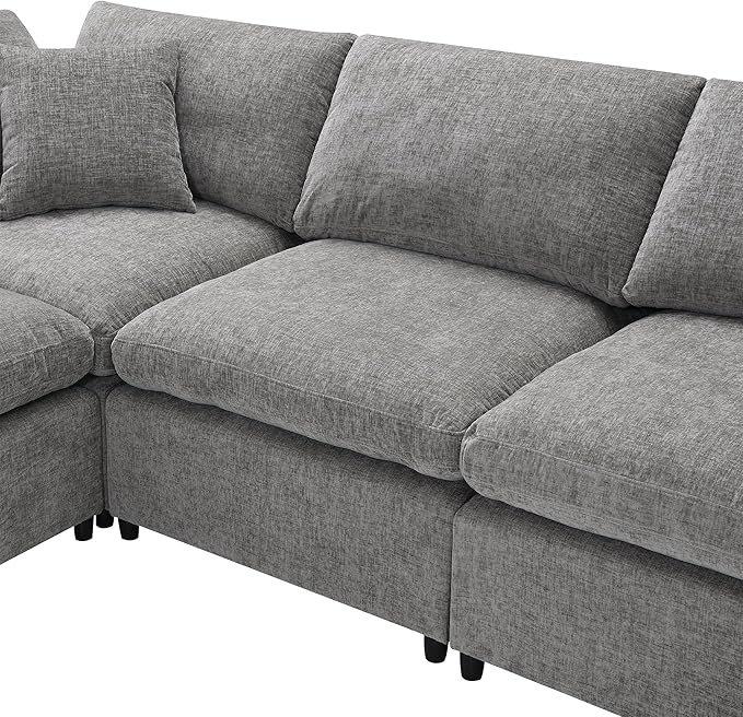 130-Inch Sectional Modular Cloud Sofa Couch Oversized 6 Seat Upholstered Chenille U Shaped Sofa Couches with Movable Ottoman 2 Throw Pillows for Living RoomOffice