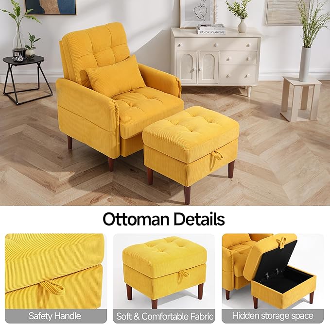 Lumibee Accent Chair with Storage Ottoman Upholstered Comfy Reading Chair with Adjustable Reclining Backrest Corduroy Fabric Lounge Chair Armchair for Living Room Bedroom Set of 2 Orange