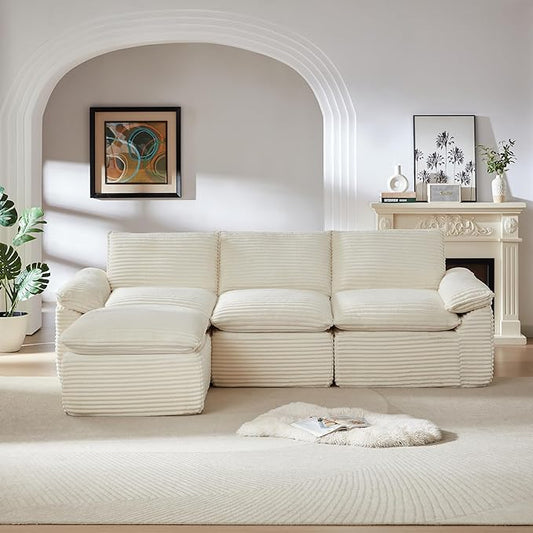 KEIKI 111 L-Shaped Oversized Corduroy Modular Sectional Sofa with 1 Ottoman &amp High-Density Foam Cushion &amp Pillows Upholstered Modern Cloud 3-Seater Couch Easy Assembly for Living Room Whi