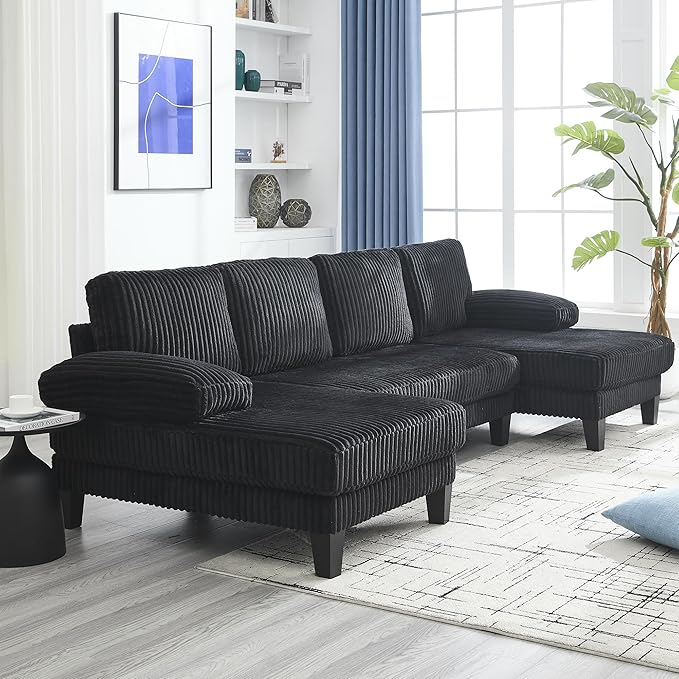 114.2 Beige Sectional Couches for Living Room U Shaped Couch with Double Chaise Modern Comfortable Plush Corduroy 4-Seat Cloud Sofa Set with Chenille Fabric for Home Furniture (Black)