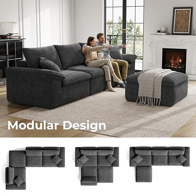 LIKIMIO 120 L-Shaped Modular Sectional Sofa Cloud Sectional Couch with Deep Seat Comfy Teddy Upholstery Oversized 3-Seater with Ottoman Boneless Couch for Living Room No Assembly Dark Grey