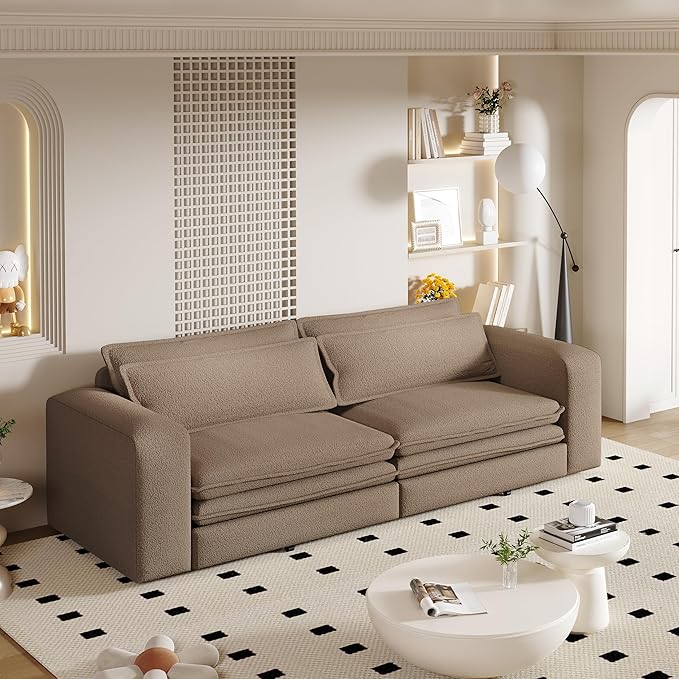 93King Size Pull Out Sofa Bed 3-in-1 Teddy Convertible Sleeper Sofa with Ultra Wide Armrests Tufted Modern Sofa with 2 Lumbar Pillows for Bedroom Living Room Apartment (Camel 93inch)