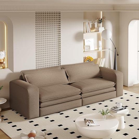 93King Size Pull Out Sofa Bed 3-in-1 Teddy Convertible Sleeper Sofa with Ultra Wide Armrests Tufted Modern Sofa with 2 Lumbar Pillows for Bedroom Living Room Apartment (Camel 93inch)