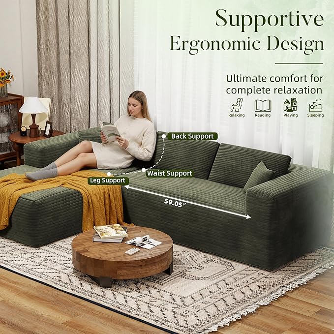 108 Cloud Sectional Couch with L-Shape ChaiseModern Corduroy Boneless Sofa with Deep SeatWide Armrest High Rebound Living Room Sectional CouchNo Assembly Required (Left ChaiseGreen)
