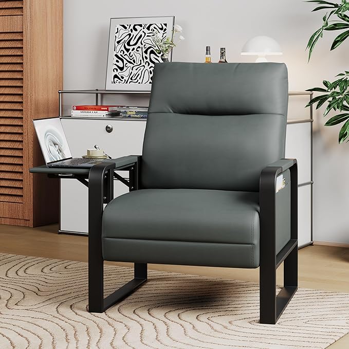 Upholstered Living Room Chair Armchair Set of 2 Mid Century Faux Leather Metal Accent Chair Reception Couch Slipper Club Lounge Chair Guest Comfy Single Sofa with Sidetable-Dark Grey