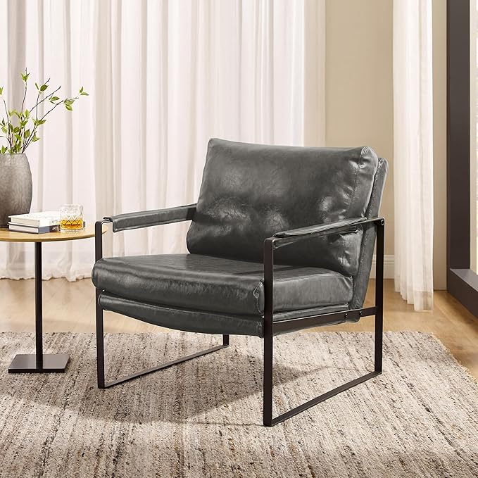 Volans Mid Century Modern Accent Chair with Arms for Living Room Faux Leather Accent Chairs for Lounge Metal Frame Armchair Reading Chair Single Sofa for Bedroom Office Gray