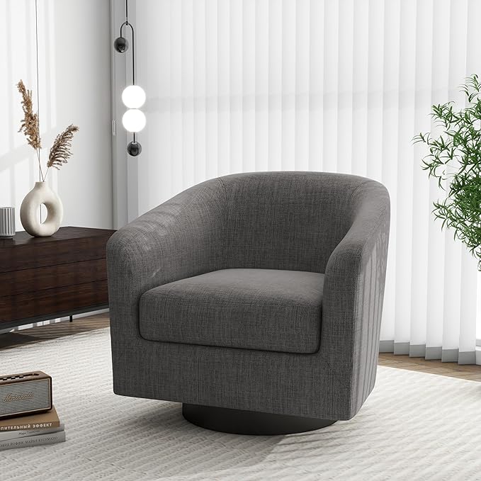 Swivel Barrel Accent Chair Modern Round Linen Arm Chair for Living Room Bedroom Comfy Club Reading Chairs for Adults（Linen Fabric Grey Set of 1