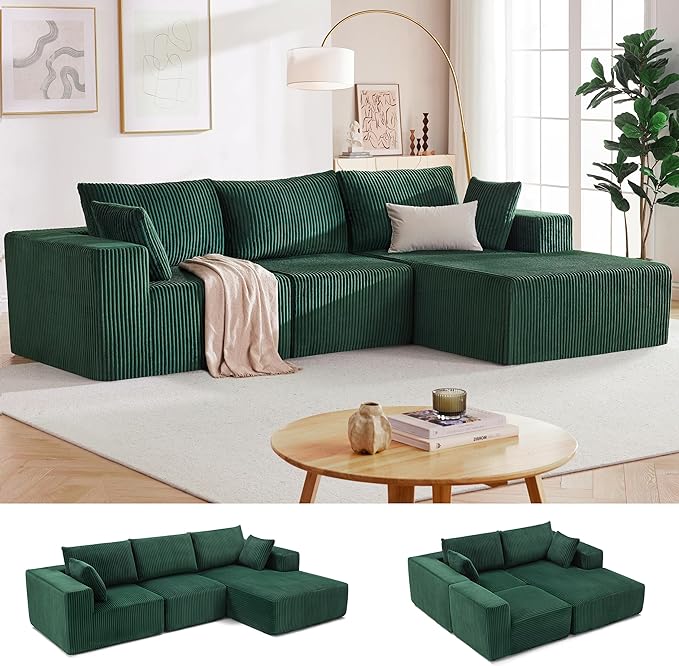 HUATEAN 108” Modular Sectional Sofa Cloud Sectional Couch with Deep Seat Modern Modular L-Shape Sofa Couch with ChaiseUpholstered Couches for Living Room Bedroom (Corduroy Green)