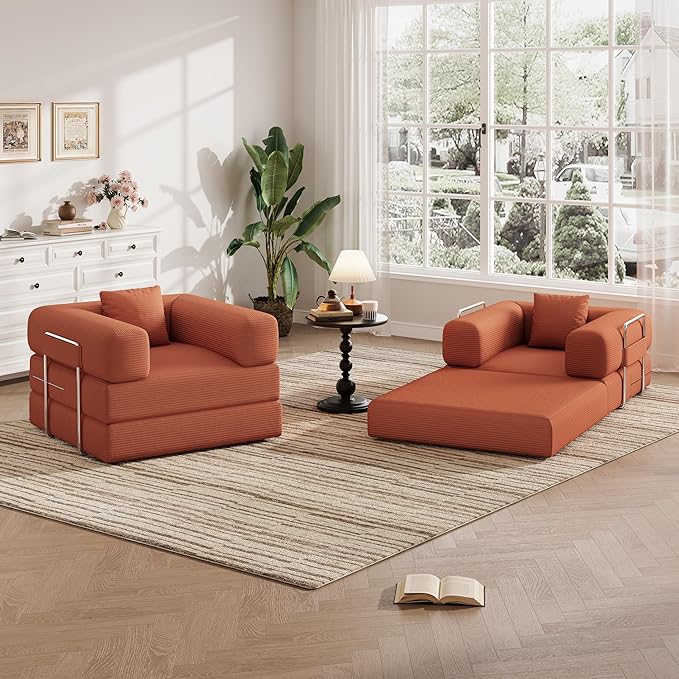 Folding Sofa Bed 2 in 1 Convertible Sofas to Lounger Comfy Single Bean Bag Chair Floor Portable Foldable Sleeper Lazy Futon Couch Chair for Bedroom Living Room(Orange 35.43 Single Sofa)