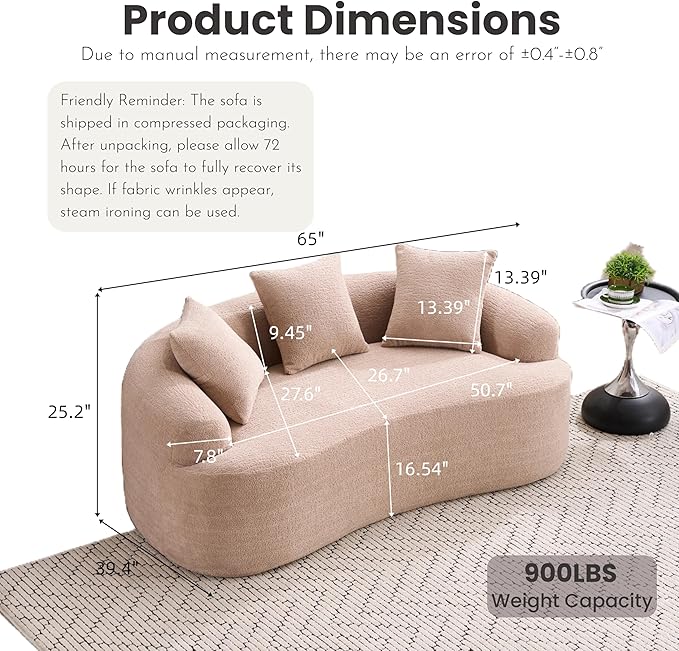 65 Curved LoveseatDeep Seat Cloud Floor Couch with 3 BackrestCozy Chenille FabricSmall Loveseat for Small SpacesBedroomOfficeApartment (Beige 65 Inch)