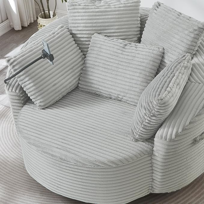 360° Swivel Accent Chair with 5 Throw Pillows Adjustable Phone Holder Corduroy Fabric Round Sofa Chair Barrel Chair with Semi-Wraparound Design for Living Room Office and Hotel (Light Gray1)