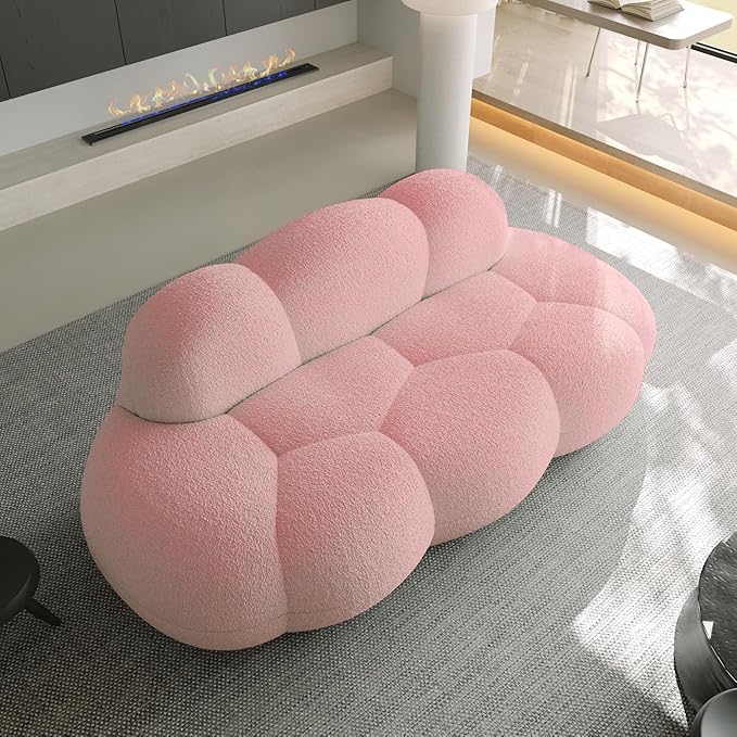 Modern Curved Sofa 3 Seater Soft Sherpa Upholstered Sofa Minimalist Style Comfy Cloud Couch for Living Room Apartment Pink