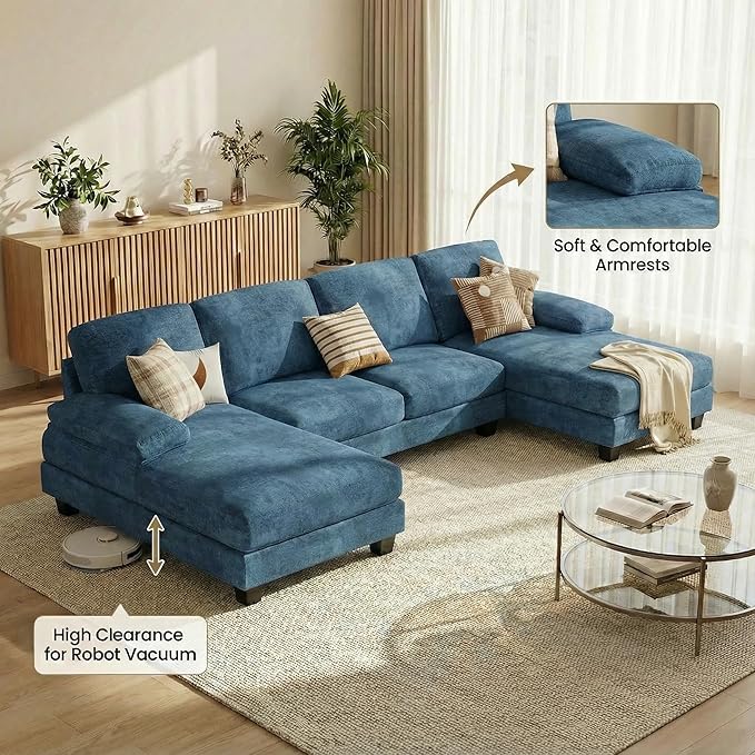 Homall Modular Sectional U Shaped Sofa Couches for Living Room Comfy Chenille 4 Seat Sofa Set with Removable Pillows Lounge Chaise Upholstered Couch for Apartment (Chenille Light Blue)