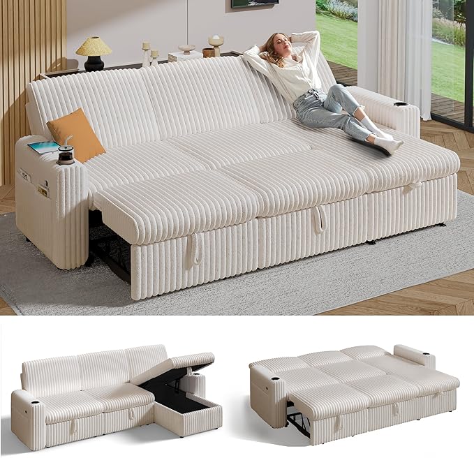 Sunny Heart 101 Plush Corduroy L Shaped Sectional Sleeper Sofa Bed with Pull Out Bed Reclining Backrest Reversible Storage Chaise USB Ports Cup Holders Tool Free Assembly Beige