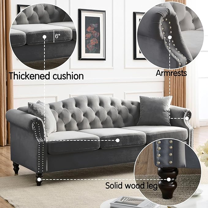 2 Piece Modern Grey Velvet 79 3-Seater and 57 Loveseat Sofa Sets Chesterfield Button Tufted Nailhead Combination Couch with 4 Pillows Trimming Curved Backrest &amp Rolled Arm Sofa for Living Room
