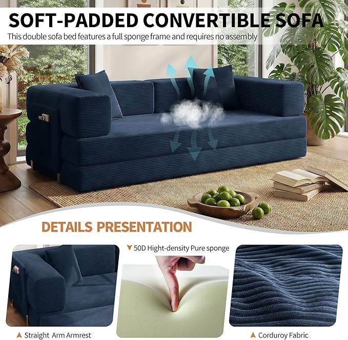 78.8 Convertible Sofa Bed with Armrest Pillow 4-in-1 Sleeper Couch Bed for Livingroom Modular Corduroy Boneless couches No Assembly (Blue)