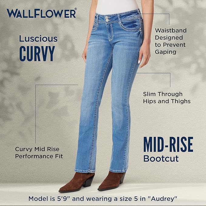 WallFlower Luscious Curvy Bootcut Jeans for Women Mid-Rise Insta Stretch Denim Size-Inclusive Juniors Jeans