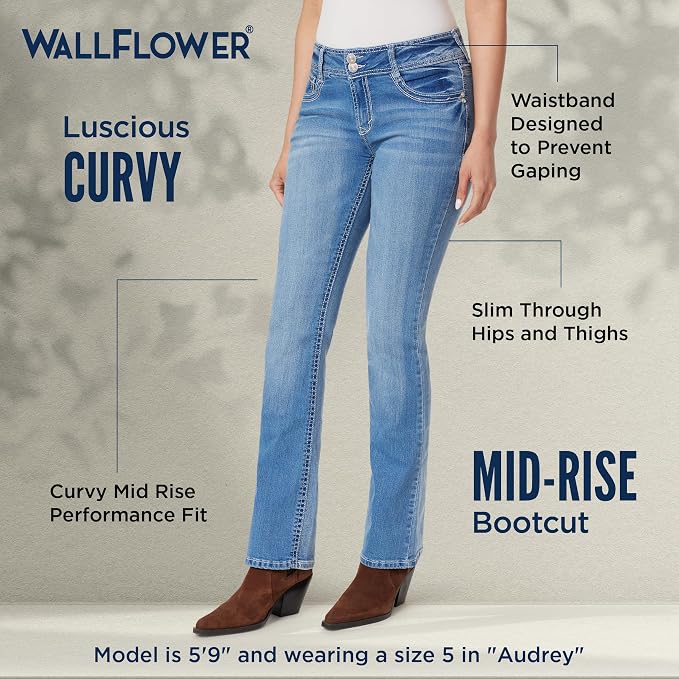 WallFlower Luscious Curvy Bootcut Jeans for Women Mid-Rise Insta Stretch Denim Size-Inclusive Juniors Jeans