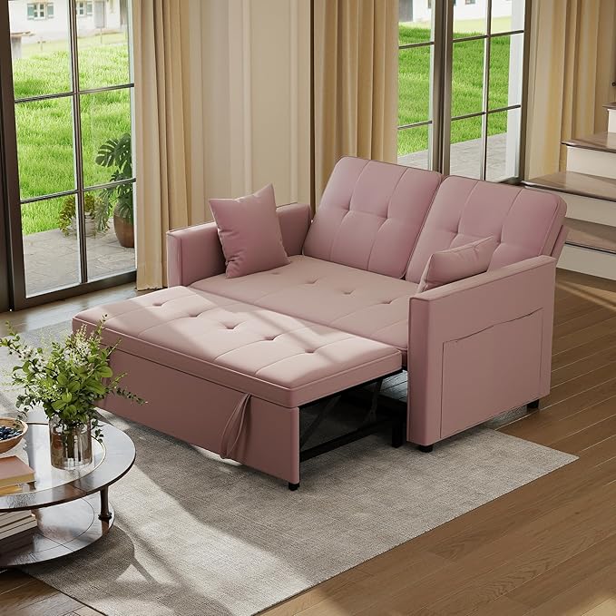 Pull Out Sofa Bed: 56 Pink 3 in 1 Convertible Sleeper Sofa Bed Velvet Loveseat Sleeper Couch with Storage Comfy Futon Couch Beds for Living Room | Velvet
