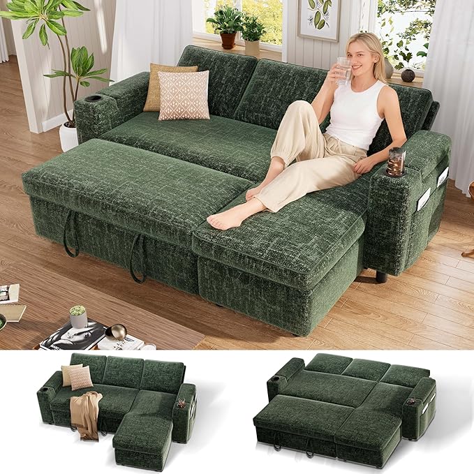 Vipbear Sectional Sleeper Sofa with Pull Out Bed 82 L Shaped Couch Sleeper Sofa with Reclining Backrest/Reversible Storage Chaise/Armrest Storage/Cup Holder/Side Pocket Tool-Free Assembly Green