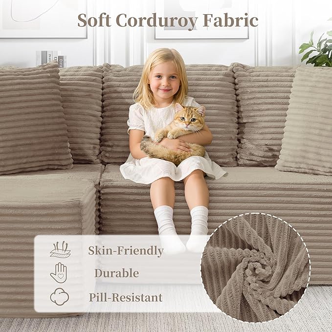 80 Cloud Modular Sectional Sofa with L-Shaped Boneless Couches for Living Room Fluffy Comfy Corduroy Deep Seat with Ottoman Bedroom Apartment No Assembly Required