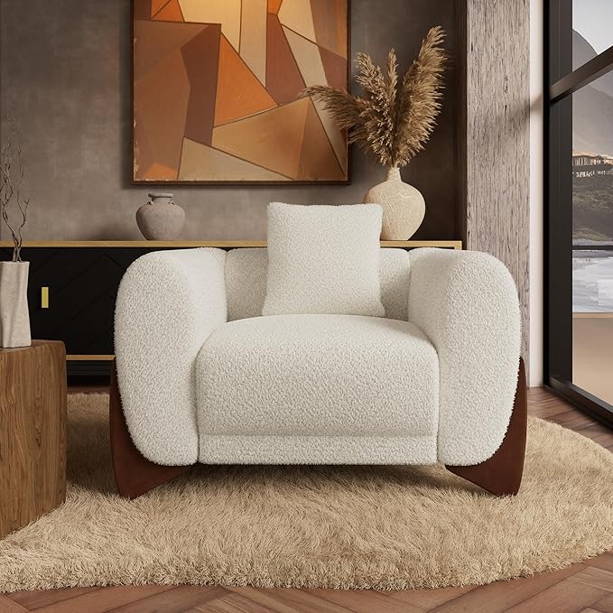 Morden Fort Boucle Armchair Modern Upholstered Sofa Chair Wooden Leg with Durable Comfy Boucle Pet-Friendly 25'' Deep Seat &amp Pillow Couch Accent Chairs for Living Room Bedroom Reading Beige