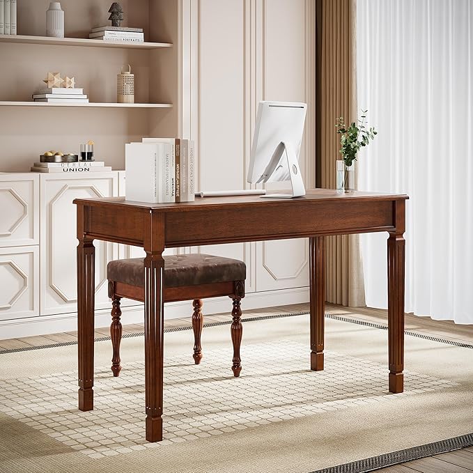 Solid Wood Makeup Vanity Table Set 46.1 Large Dressing Vanity Table with 2 Drawers and Vanity Bench Stool Writing Desk with Solid Wood Legs &amp Button Tufted Cushioned Stool Cherry&ampBrown
