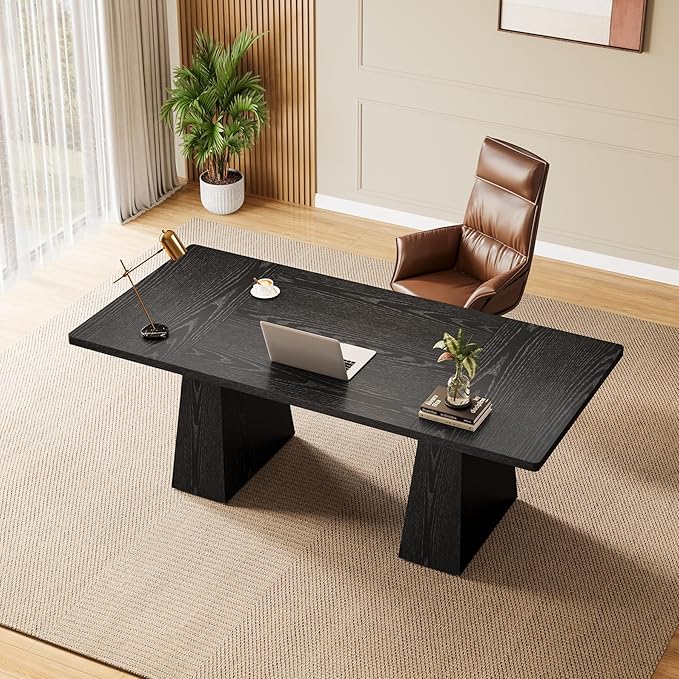 Tribesigns 63-Inch Executive Desk Modern Black Office Computer Desk with Sturdy Double Pedestal Large Study Writing Table Simple Workstation for Home Office