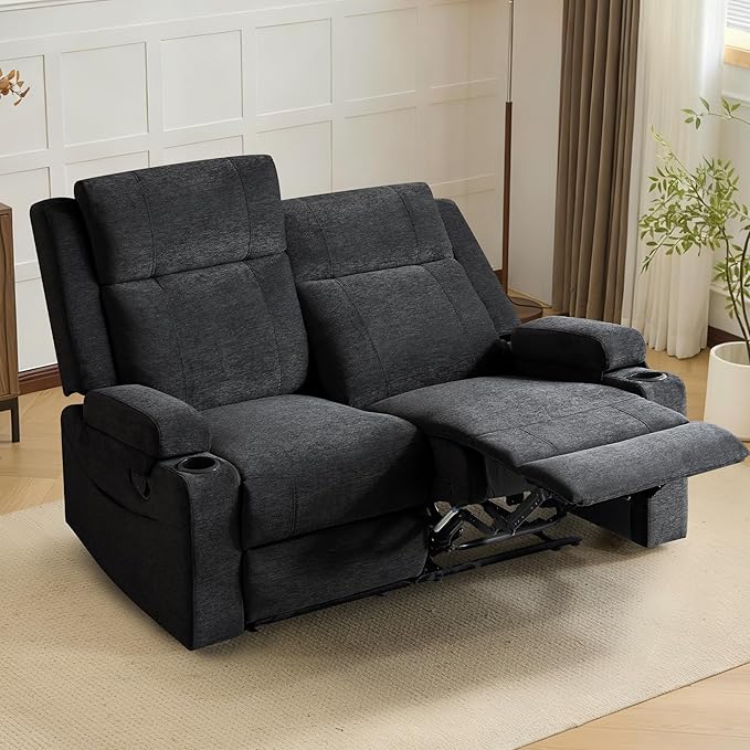 55 Loveseat Recliner Sofa with Cup Holders Manual Double Reclining Couch in Chenille Fabric Wide Seat &amp Side Pockets for Living Room Small Spaces Apartment and RV
