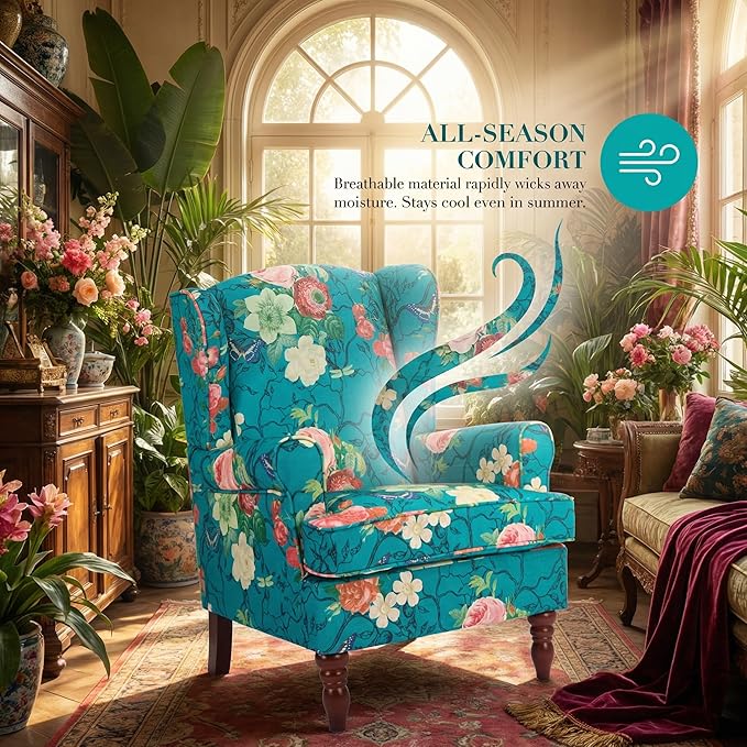 Mid Century Wingback Accent ChairModern Linen Fabric Upholstered Armchair with Retro Wooden LegsFloral Pattern Single Sofa ChairComfy Reading Chair for Living Room Bedroom Office (Floral Cyan)