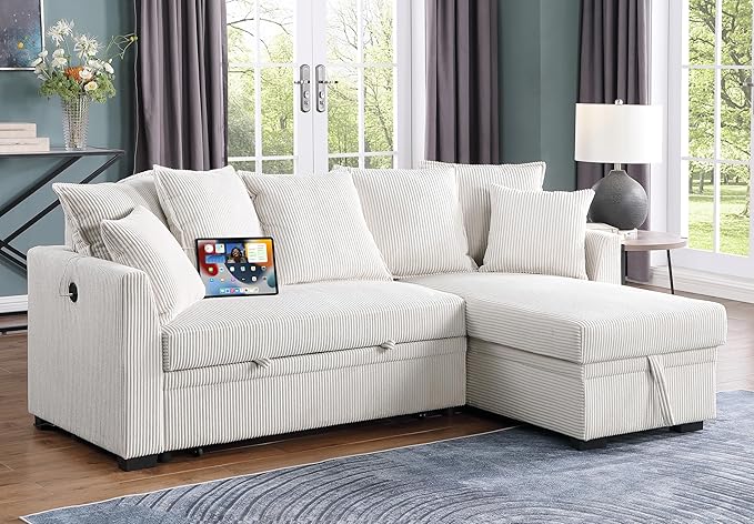 Modern Living Room Corner Convertible Sofabed Corduroy Upholstered Reversible Sleeper Sectional Sofa with 7 Pillow and USB Ports L-Shaped Pull Out Sleep Couch Bed W/Reversible Storage Chaise Daybed