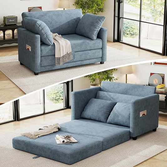 51 Loveseat Sleeper Sofa Bed Chenille Convertible Floor Sofa Bed for Small Spaces Folding Couch Bed with Deep Seat 2 Pillows &amp Solid Frame Pull Out Couch for Living Room Light Blue
