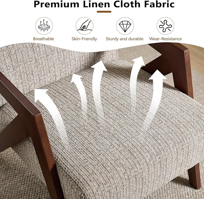 Bonzy Home Mid-Century Modern Accent Chair with Solid Wood Frame Upholstered Armchair for Bedroom &amp Living RoomReading Side Chair with Soft Lien Fabric CushionEasy Assembly
