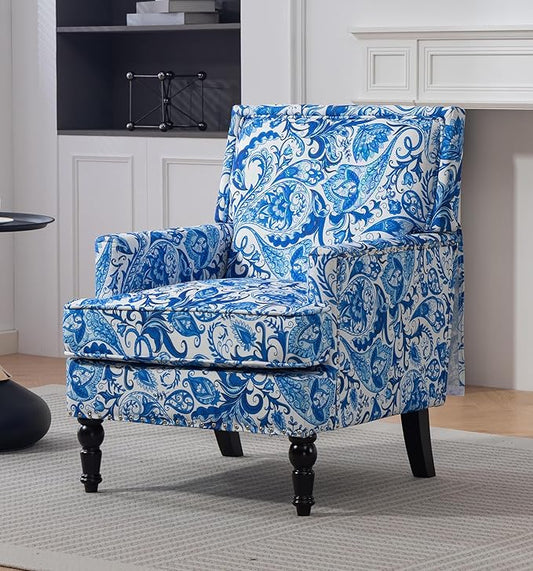 Vintage Upholstered Mid Century Accent Armchair with Solid Wood Frame &amp Plush Cushion for Living Room Bedroom Office - Blue Porcelain Print