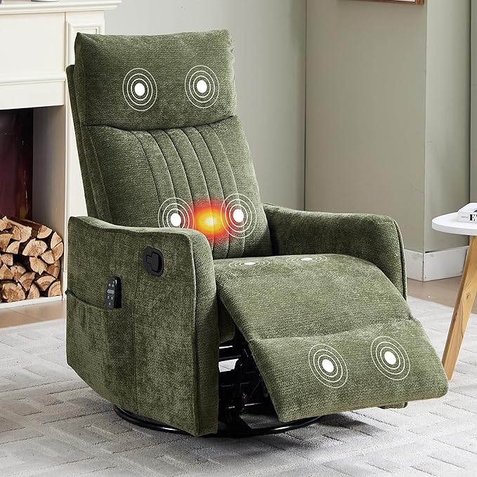 Manual Swivel Rocker Recliner Chair for Adults Overstuffed Reclining Glider Chair for Nursing with Vibration Massage &amp Heat Living Room Rocking Recliner 2-Stage backrest Chenille Fabric Green