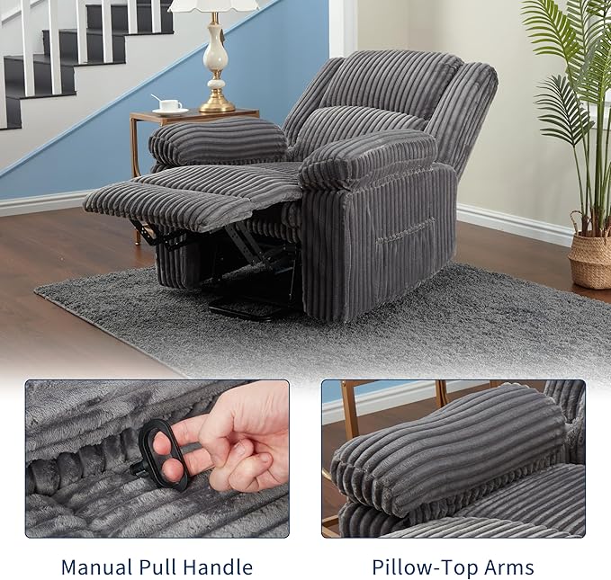 Garvee Corduroy Recliner Chair Manual Recliner Sofa with Handle Pillow Top Arms Thick Padding Side Pocket 330Lbs Capacity Adjustable Recliner for Living Room Bedroom Home Theater Dark Gray