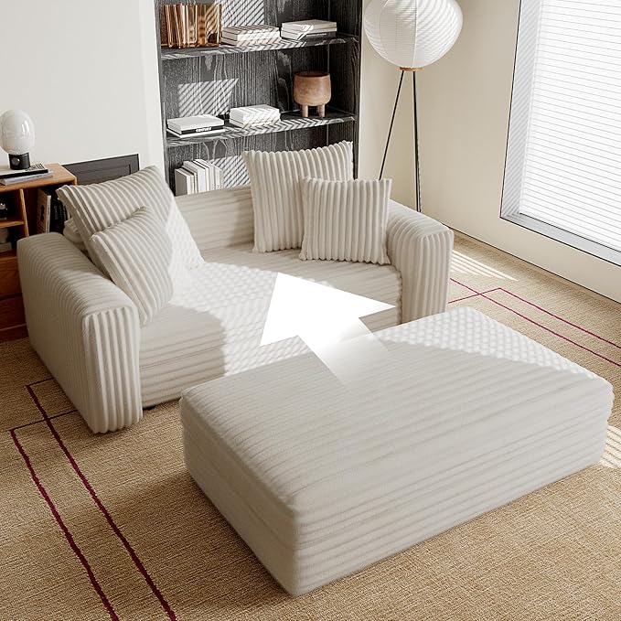 Acanva Oversized Cozy Chaise Lounge Chair Indoor with Removable Ottoman Modern Upholstered Fluffy Sleeper Sofa Bed Comfy Reclining Couch for Living Room Bedroom White