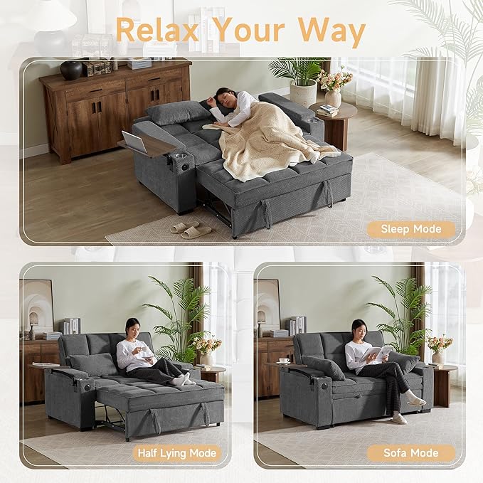 65'' Convertible Sleeper Sofa BedExtra Thick Cushion Polka dot Velvet Pull Out Futon Couch with Storage handrails &amp Rotating Side TablesConvertible Sofa Couch for Living RoomRV (07S-dark gray)