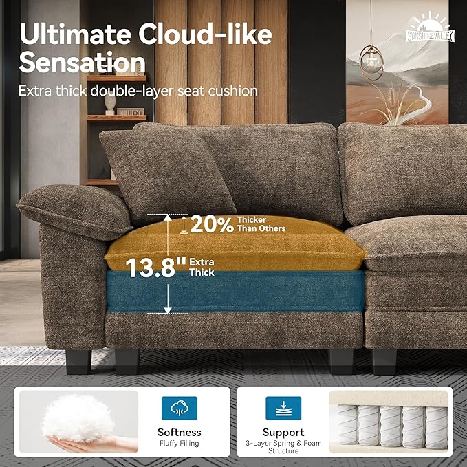U Shaped Modular Cloud Couch 123.6'' Comfy Chenille Sectional Sofa with Wider Armrest and Ottoman Upholstered 5-Seat Modern Deep Seat for Bedroom Living Room Taupe