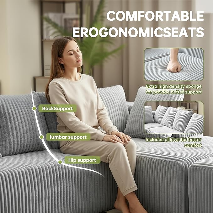 130 Boneless Couch Cloud Couch Sectional Corduroy Sofa for Living Room U Shaped Modular Sofa with Chaise No Assembly 4 Seats Oversized (Grey)
