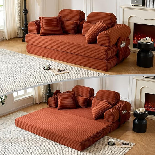 79 Sofa Bed Deep Seat 32 Sleeper Sofa 5-in-1 Convertible Sofa Bed Boneless Couch in a Box Corduroy Floor Futon with Thickened backrest and Headrest Pillows Side Pockets Orange | 32 Deep Seat