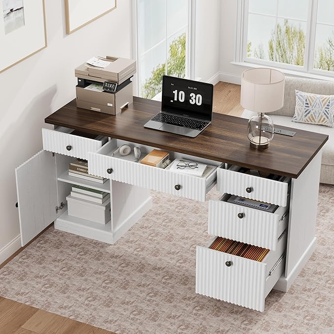 GarveeHome 60 Home Office Desk Fluted Executive Desk with File Drawers Wooden Computer Desk with Charging Station for Study Room