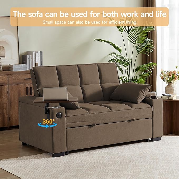 65'' Convertible Sleeper Sofa Bed with Adjustable Backrest Chaise Lounge Side Table &amp USB/Type-C Ports – Stylish &amp Functional Addition to Any Living Room (Light Grey-1)
