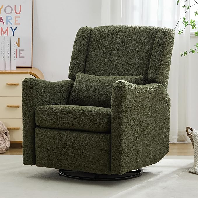 Modern Swivel Rocker Recliner Chair 29.5'' Wide Wingback Swivel Rocker Recliner Chair Linen Fabric Rocking Chair Nursery Chair for Living Room Apartment (Seaweed Green/79)