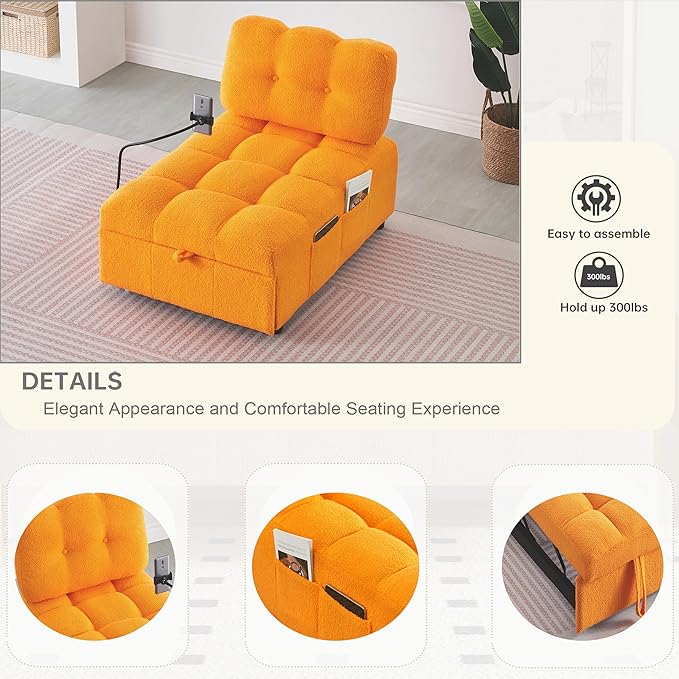 Modern Teddy Fabric Sofa Bed Futon3 in 1 Convertible Pullout Bed Couches with 3 Reclining BackrestsPhone StandSmall Sofa Single Sleeper Chair Bed for Living Room Bedroom (Orange)