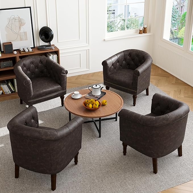 Accent Chair Upholstered Faux Leather Barrel Chair with Nailed Trim Comfy Club Armchair for Reading Living Room Bedroom Waiting Room (Chocolate Set of 1)