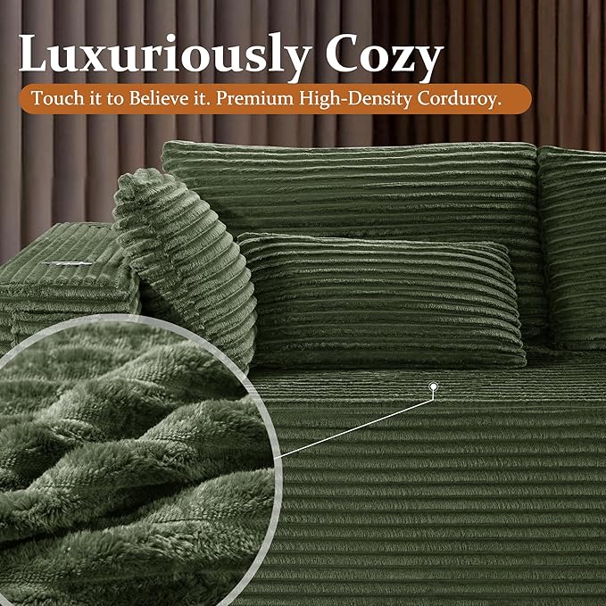 37 Cloud Sectional Couch Ottoman for Living Room Extra Deep Seats No Assembly Minimalist Modular Couch Corduroy (Olive Green Ottoman)