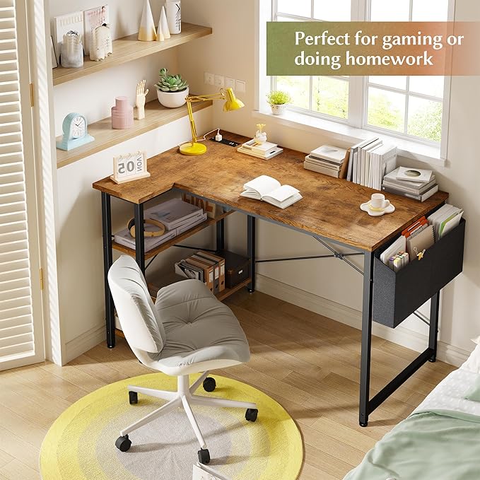 EnHomee Small Computer Gaming Desk with Storage Shelves &amp Side Bag 40 Inch L Shaped Desk with Power Outlets Corner Desk Study Writing Table for Home Office Bedroom Living Room Brown