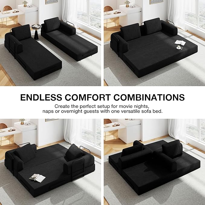 Convertible Sofa Bed 5-in-1 Pull-Out Futon Boneless Couch for Living Room &amp Guest Room Corduroy Sleeper Sofa with Steel Support Brackets 78.7 3-Seater with 2 Pillows (Black)