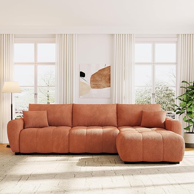 110 Modular Sectional Sofa L Shape with Extra-Large Seat Pull-line Design Movable Ottoman High Density Foam Free Combination Sturdy Metal&ampWood Frame Boucle Fabric (Orange)